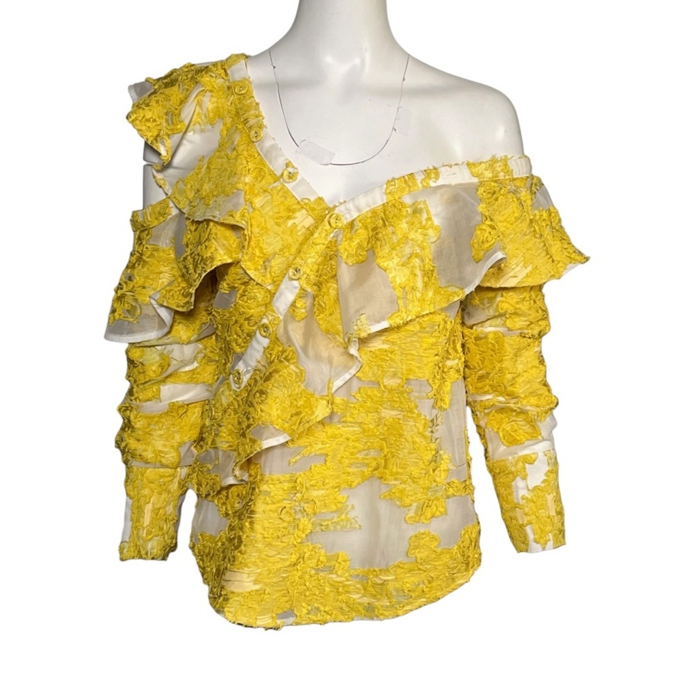 Self-Portrait Yellow Fil Coupe Ruffle Off Shoulder Asymmetric Blouse US 6 UK 10